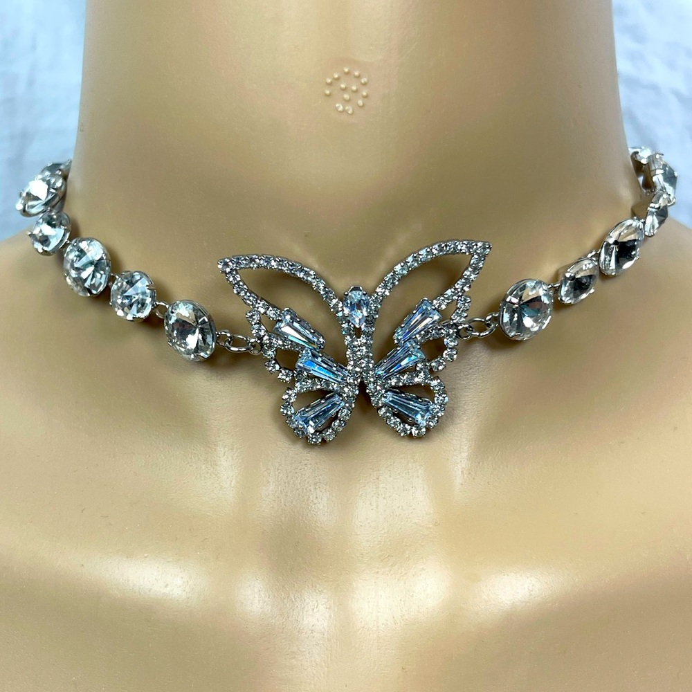 Butterfly Jeweled Choker Necklace W/Rhinestone Accents-Silver